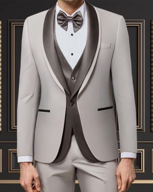 Men’s Silver Tuxedo with gray Shawl Lapel & Matching Vest
