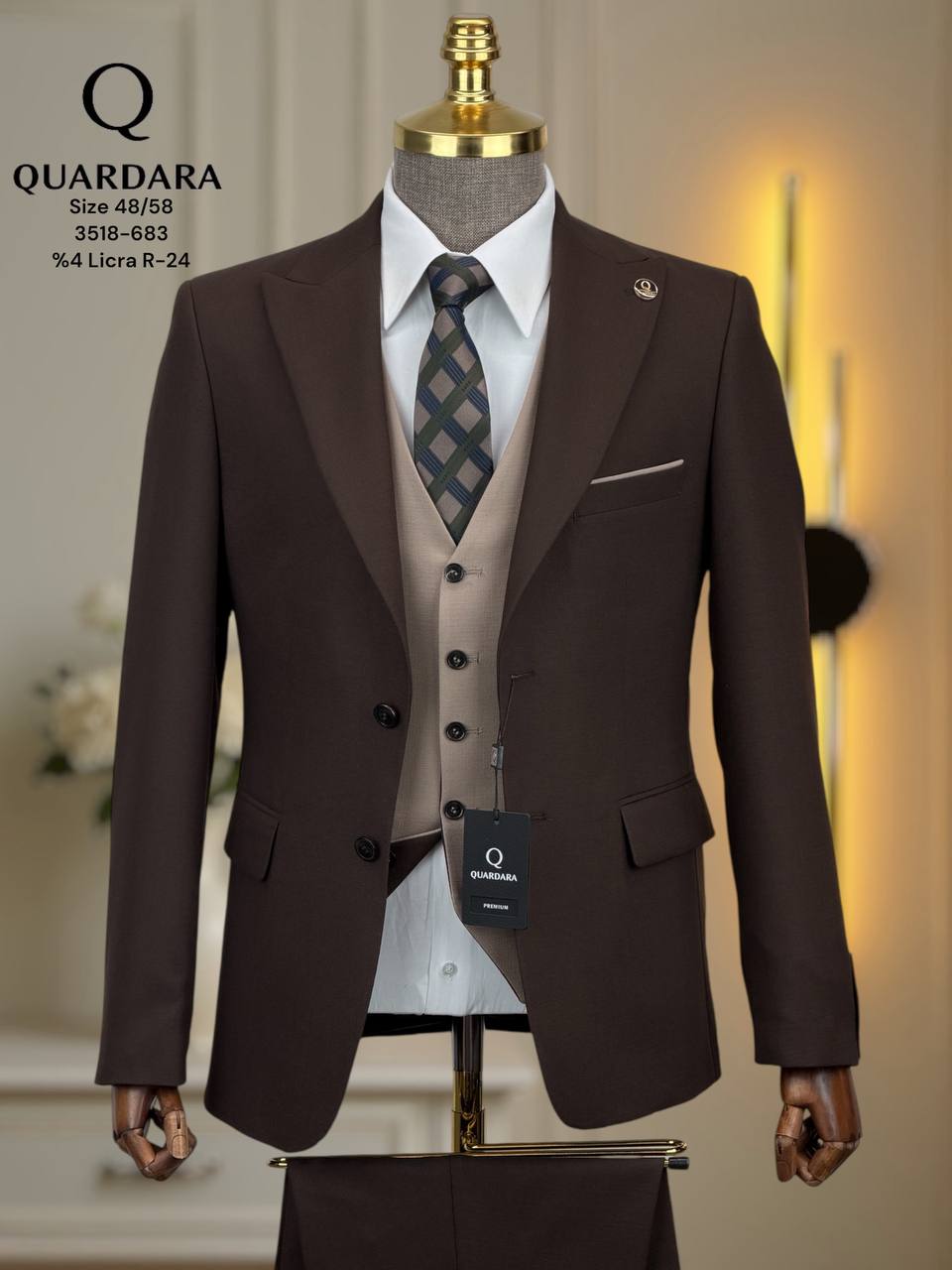 Men’s Brown 3-Piece Suit – Slim Fit Peak Lapel with Double Face Vest (Beige & Brown Reversible)