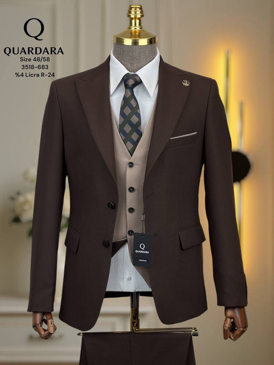 Men’s Brown 3-Piece Suit – Slim Fit Peak Lapel with Double Face Vest (Beige & Brown Reversible)