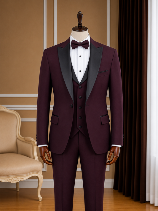 Men’s Burgundy Black Peak Lapel Tuxedo