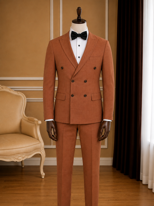 Men’s Linen Cognac Brown Peak Lapel Double-Breasted Suit