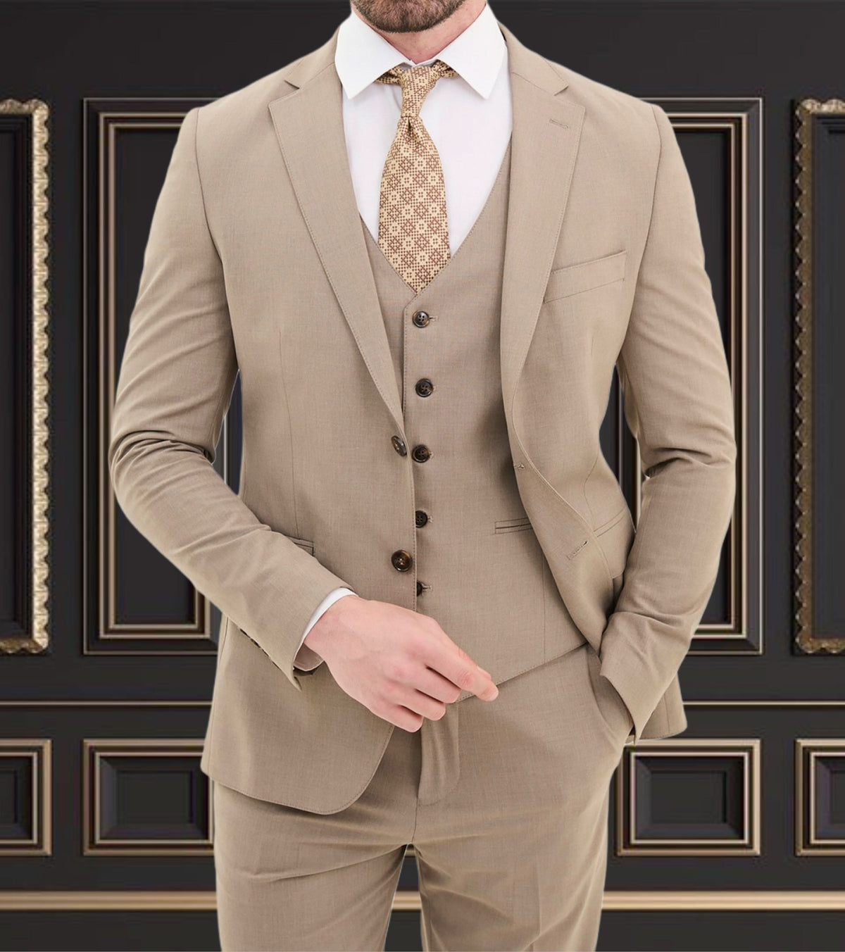 Men’s beige slim fit suit with waistcoat, perfect for weddings and formal events, showcasing modern elegance.