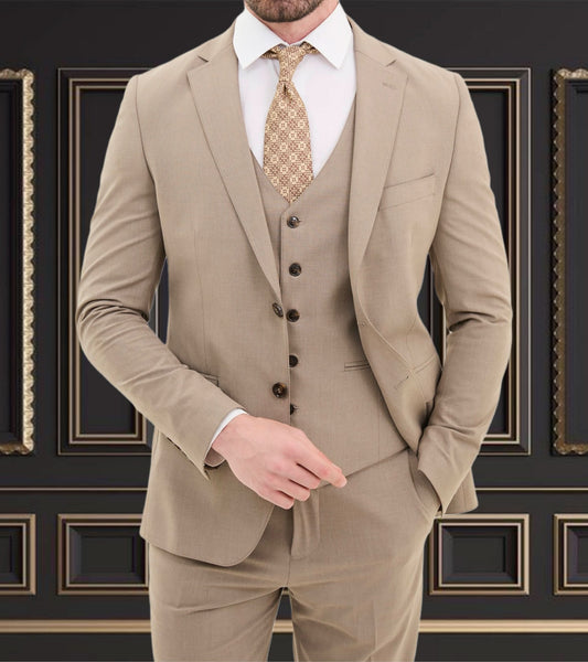 Men’s beige slim fit suit with waistcoat, perfect for weddings and formal events, showcasing modern elegance.