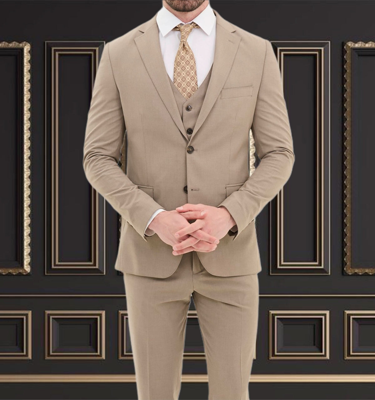 Men's beige slim fit suit featuring a single-breasted design, tailored for weddings and formal events.