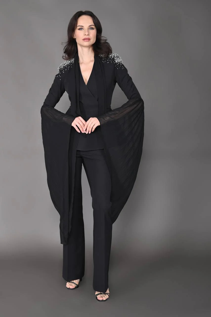 Black Embellished Cape Sleeve Women's Tuxedo Suit