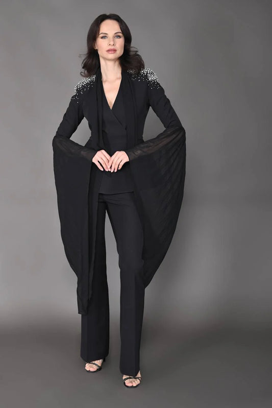 Black Embellished Cape Sleeve Women's Tuxedo Suit