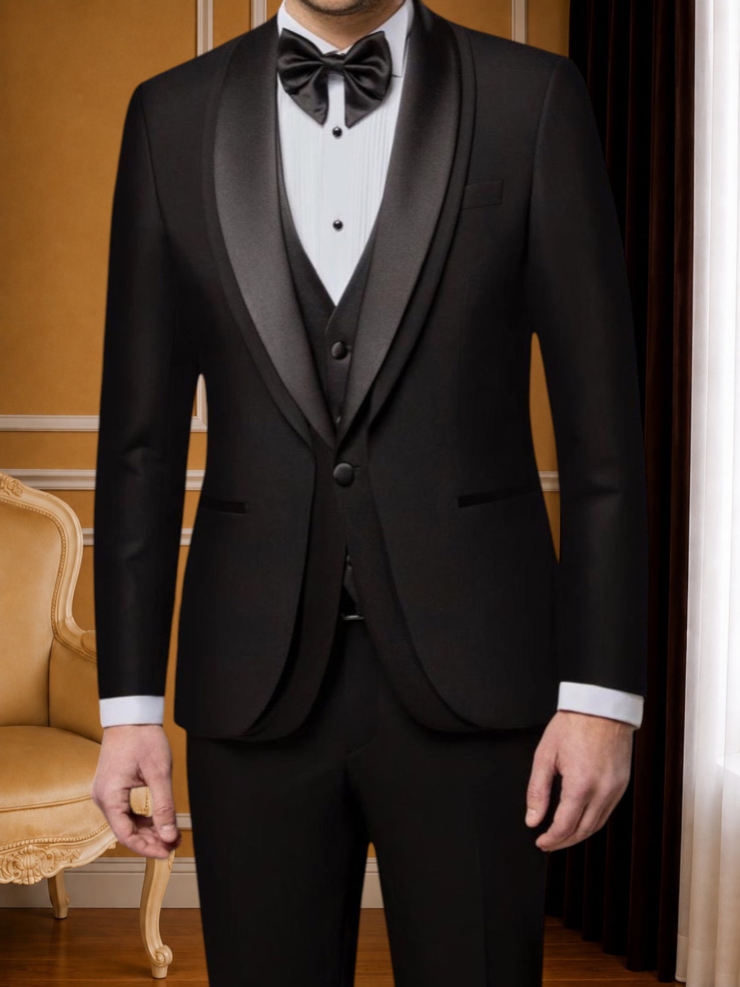 Men’s Black Tuxedo with Satin Shawl Lapel & Matching Vest