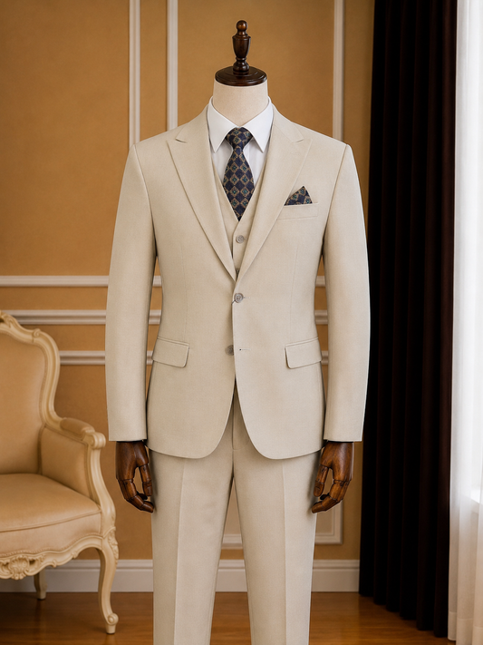 Men’s Beige Peak Lapel 3 Piece Suit
