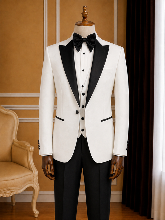 Men’s Off-White Satin Peak Lapel Tuxedo