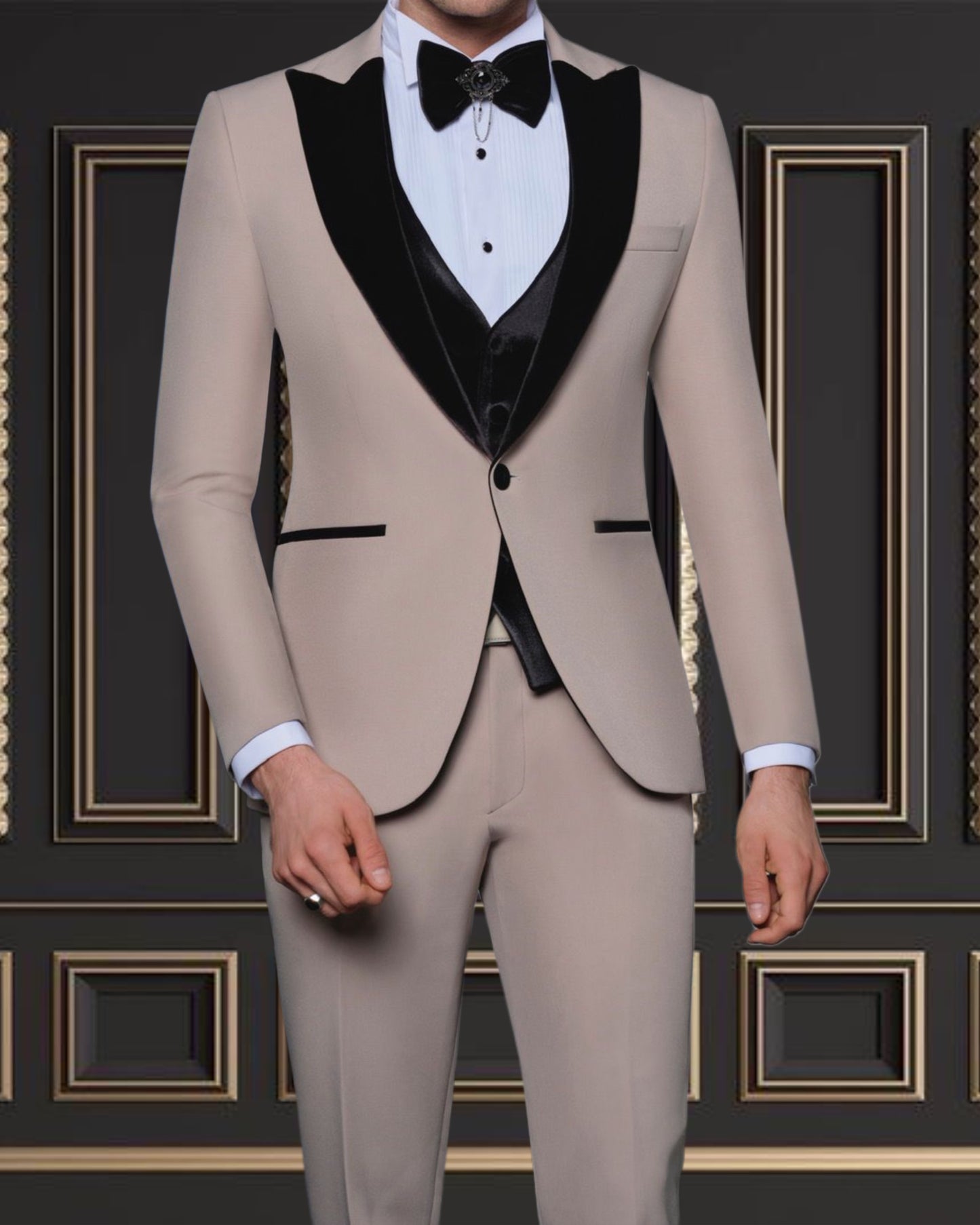 Men’s Beige Champagne Tuxedo with Black Velvet Peak Lapel