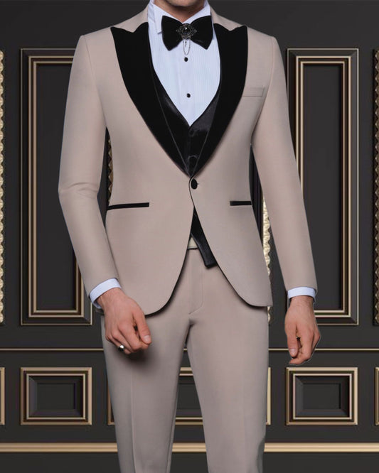 Men’s Beige Champagne Tuxedo with Black Velvet Peak Lapel