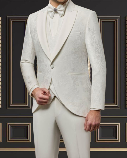 All Off White Floral Tuxedo with White Satin Lapel