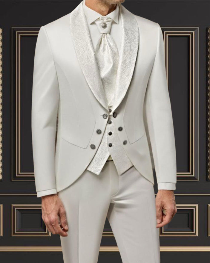 Men's All-White Tuxedo with Floral Shawl Lapel – Elegant & Modern