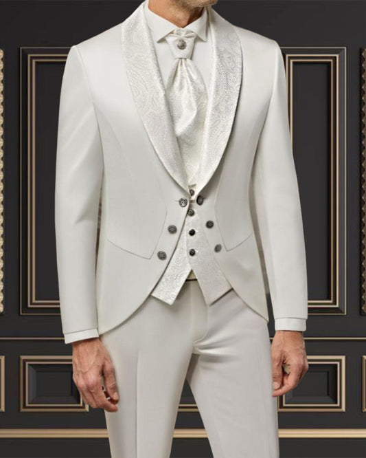 Men's All-White Tuxedo with Floral Shawl Lapel – Elegant & Modern