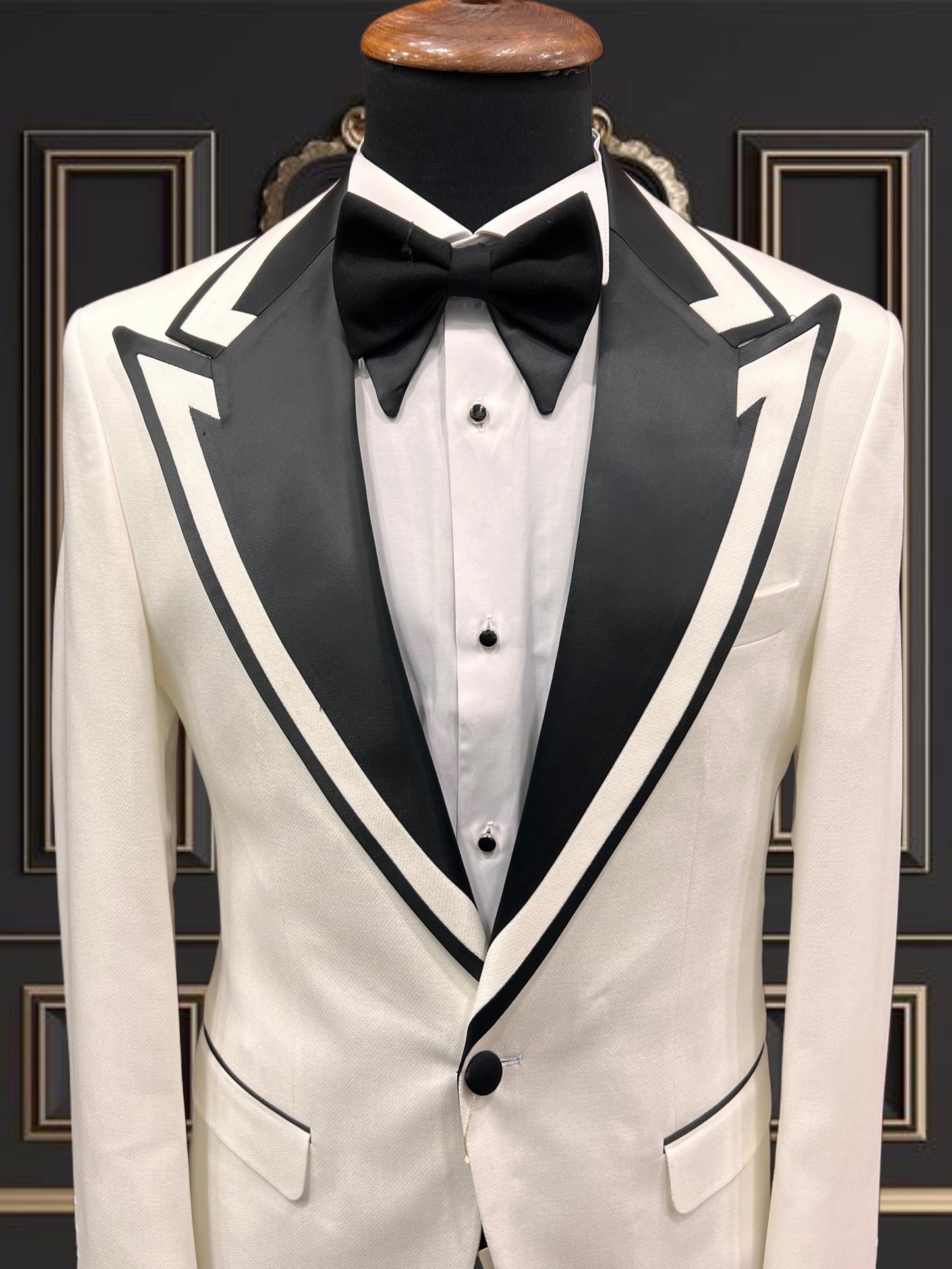 Premium Men's White Tuxedo with Black Peak Lapel & Black Pants – Elegant & Modern