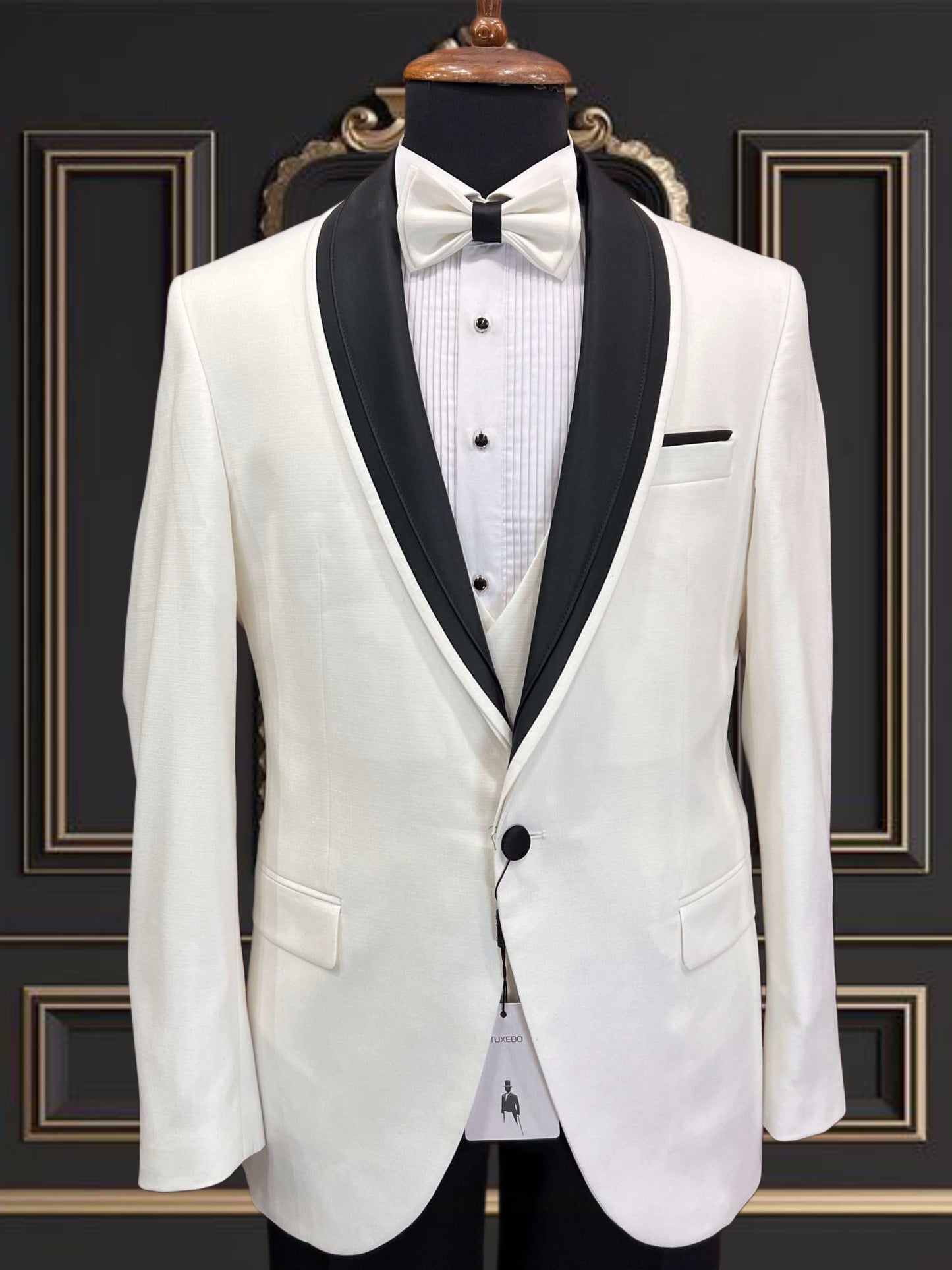 Men’s White Tuxedo with Black Shawl Lapel | Slim Fit Formal Tux