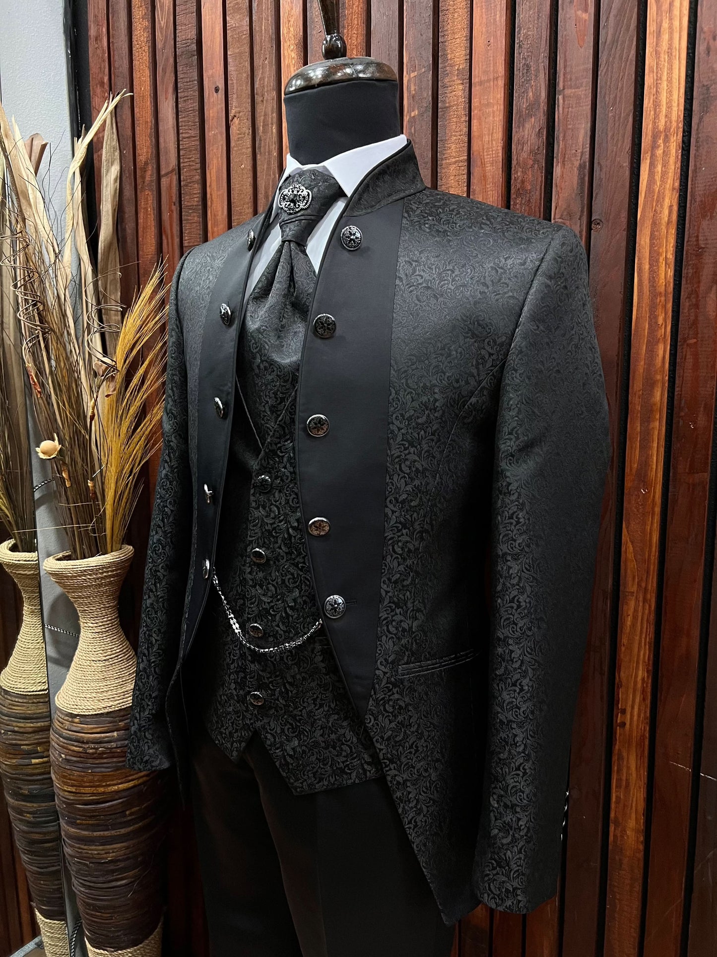 Men's Black Floral Tuxedo with Mandarin Collar | Slim Fit Premium Tux