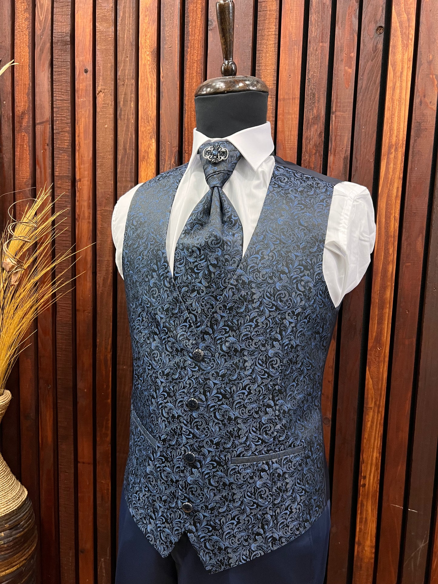 Men's light Blue Floral Tuxedo with Mandarin Collar | Slim Fit Premium Tux