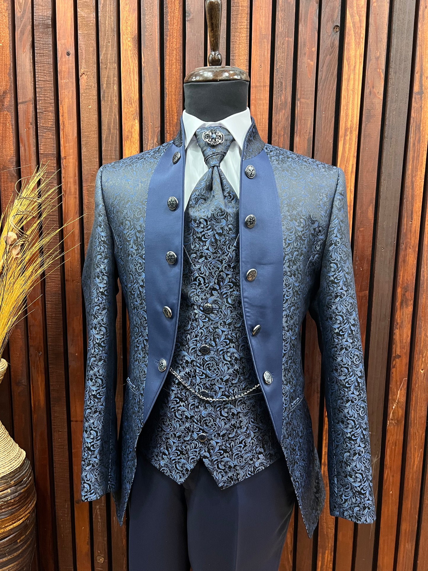Men's light Blue Floral Tuxedo with Mandarin Collar | Slim Fit Premium Tux