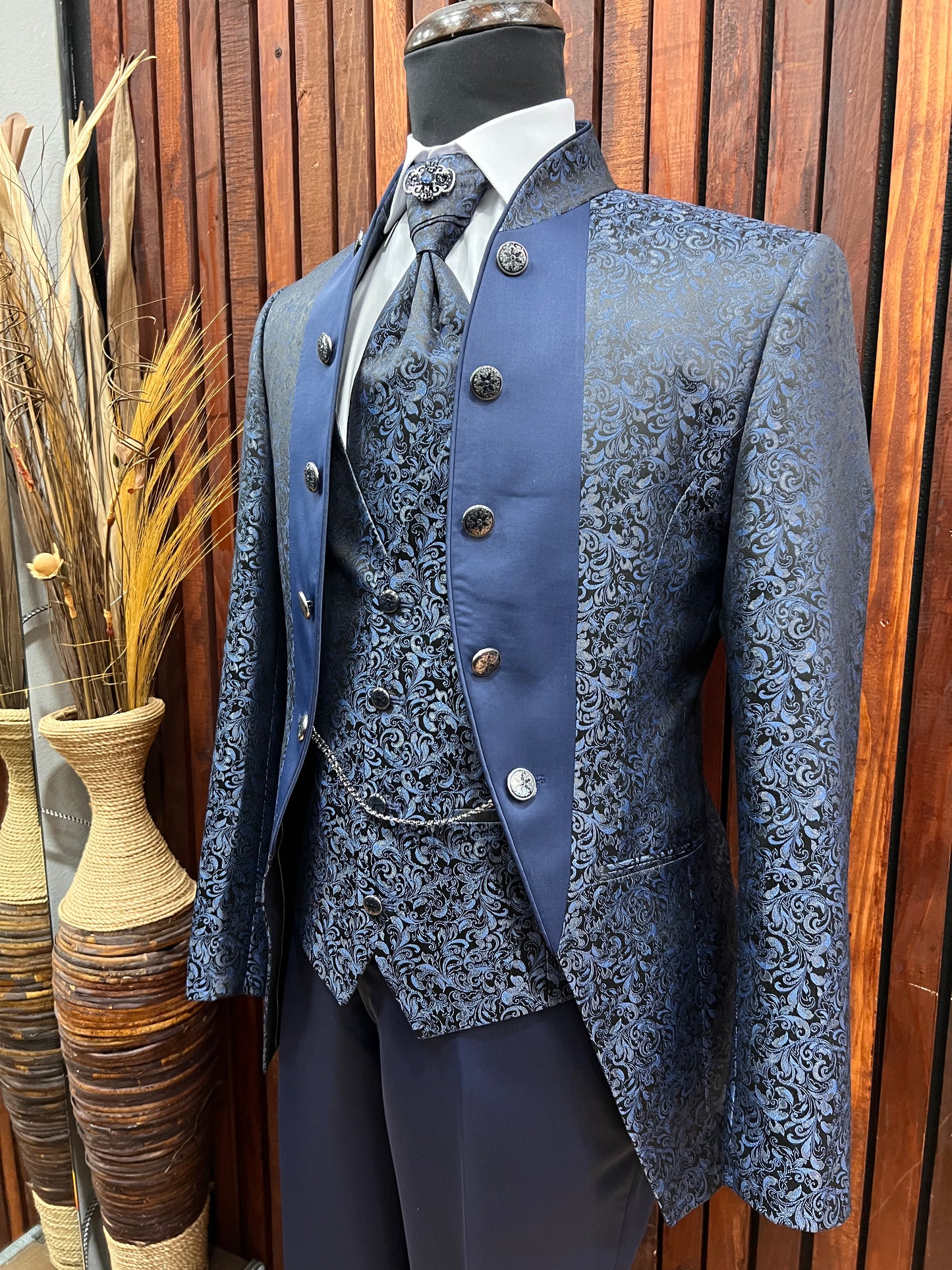 Men's light Blue Floral Tuxedo with Mandarin Collar | Slim Fit Premium Tux