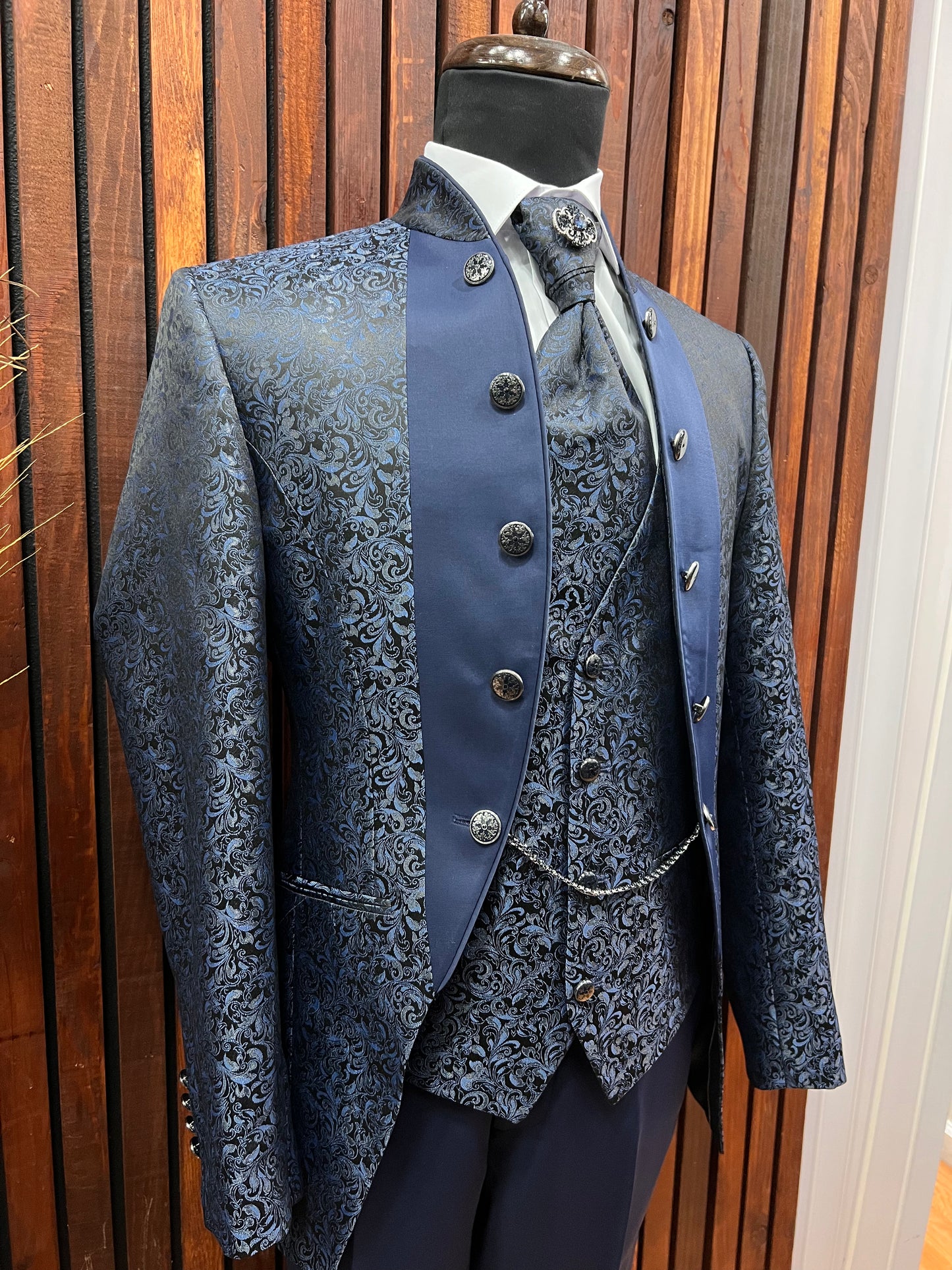 Men's light Blue Floral Tuxedo with Mandarin Collar | Slim Fit Premium Tux
