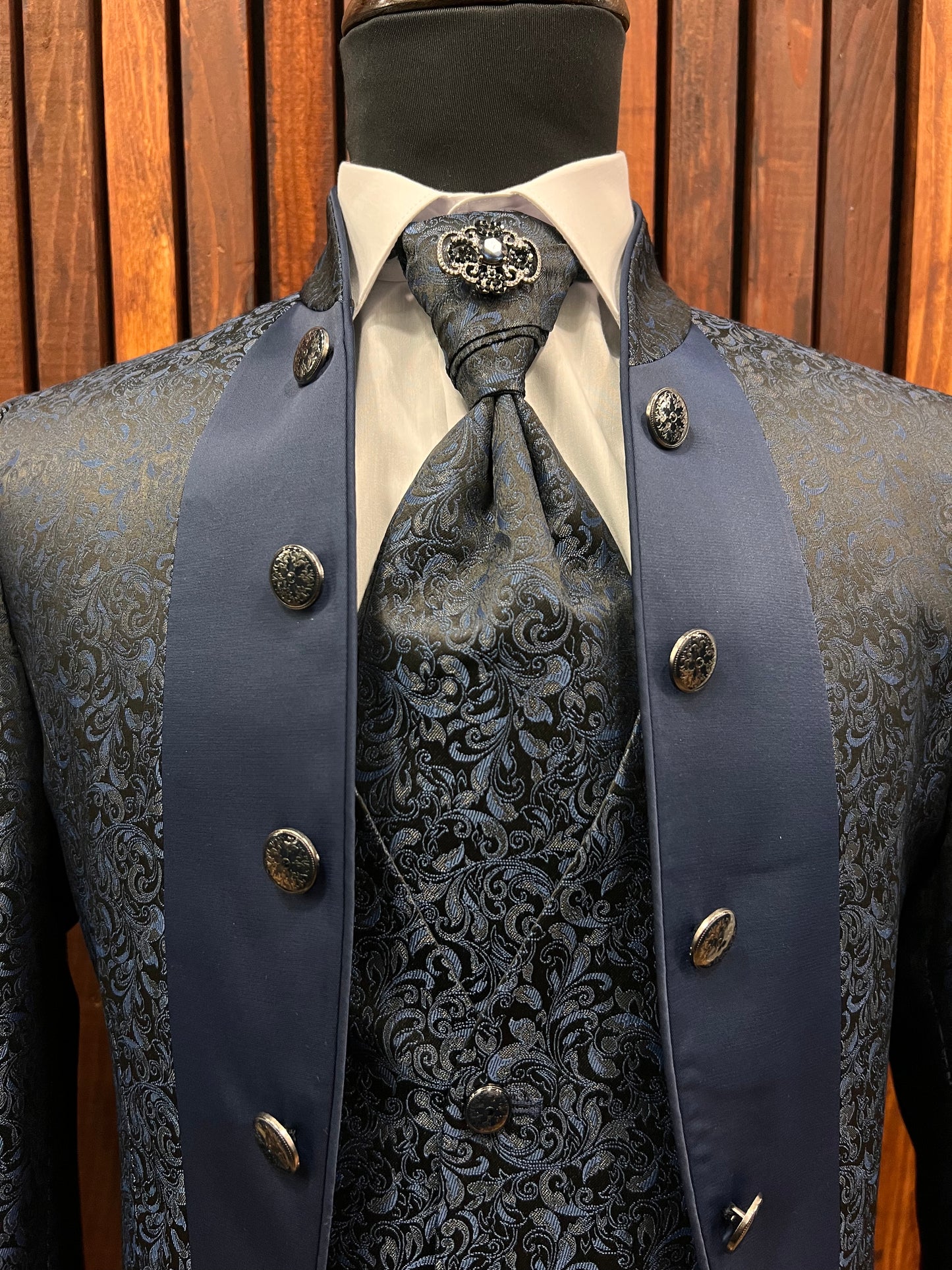 Men's light Blue Floral Tuxedo with Mandarin Collar | Slim Fit Premium Tux