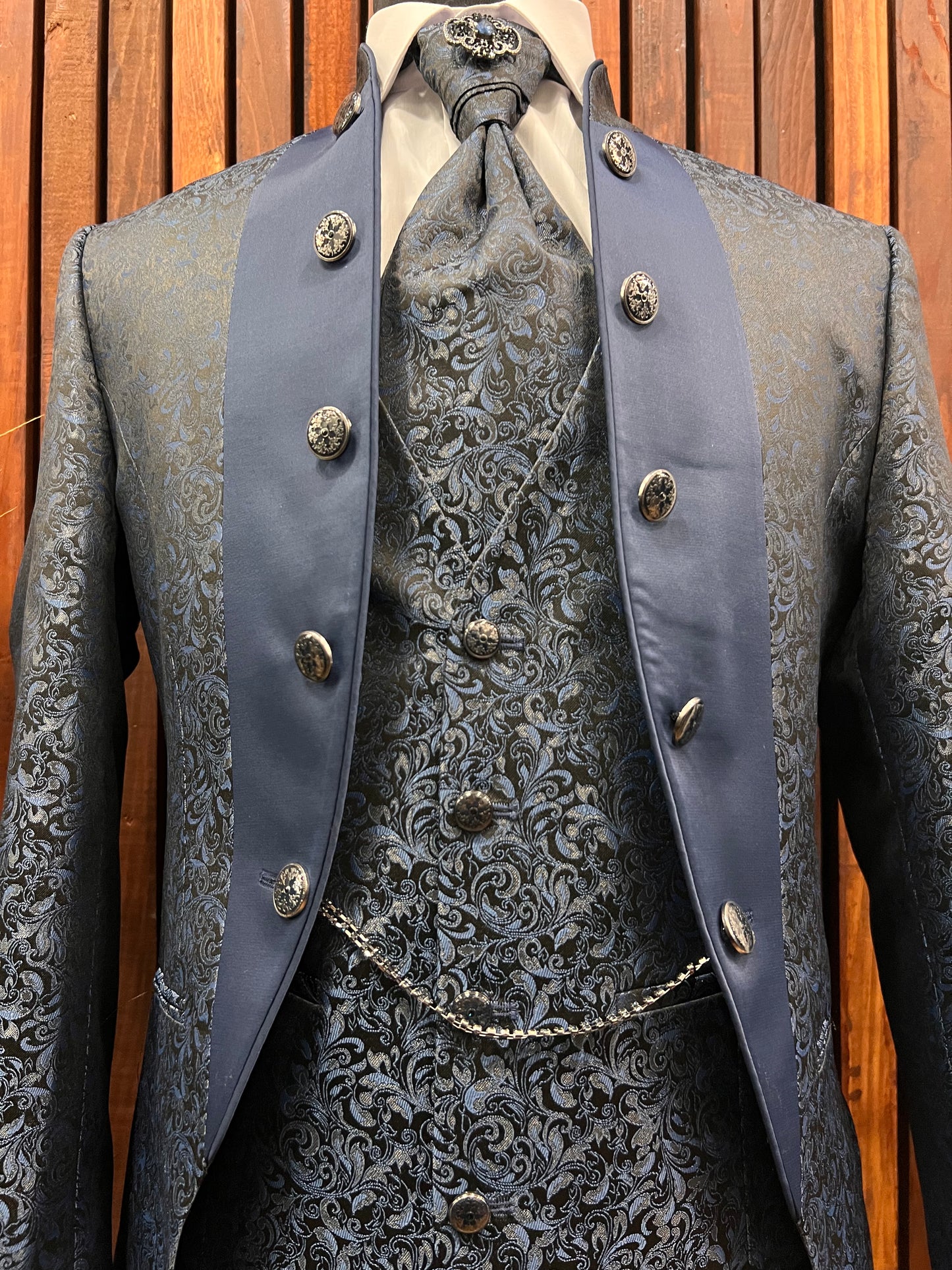 Men's light Blue Floral Tuxedo with Mandarin Collar | Slim Fit Premium Tux