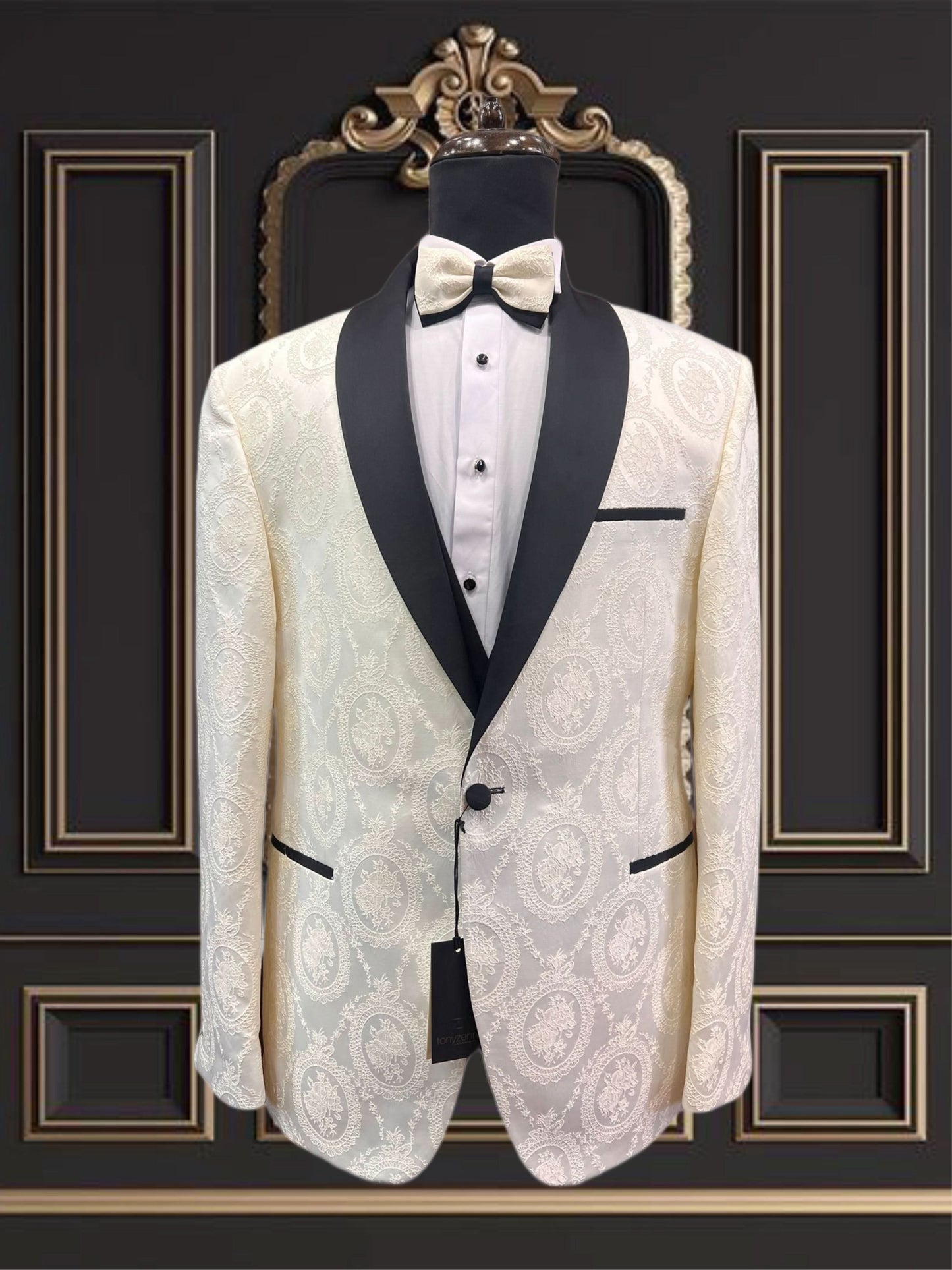 Mens Floral White Tuxedo with Black Shawl Lapel Slim fit 3 piece Tuxedo | Big And Tall | Weddings and Special Eventse