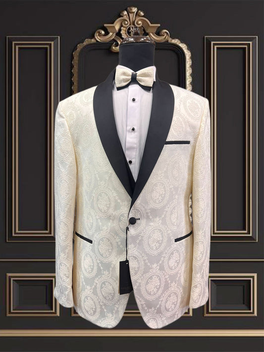 Mens Floral White Tuxedo with Black Shawl Lapel Slim fit 3 piece Tuxedo | Big And Tall | Weddings and Special Eventse