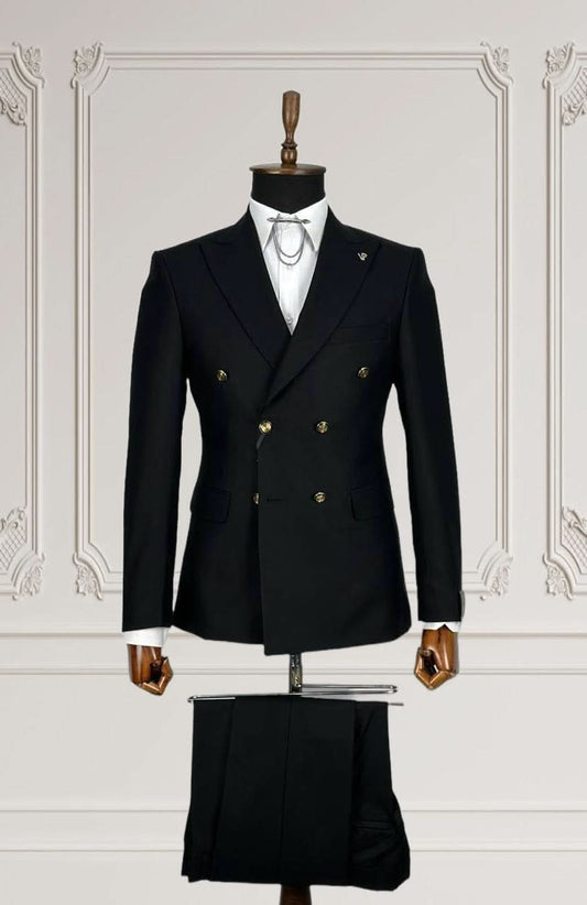 Men’s Black Double-Breasted Slim Fit Suit – Timeless Formalwear