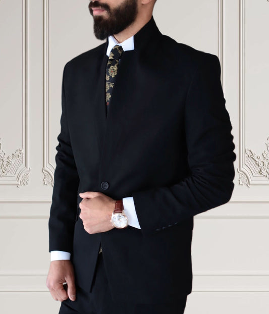 Men’s Black Slim Fit Mandarin Collar Suit – Modern & Elegant