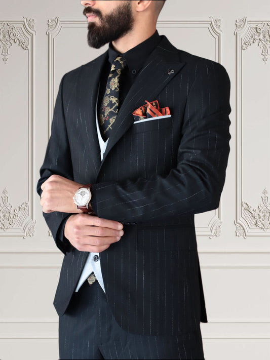 Men’s Black Slim Fit Single Breasted Suit with Silver Stripes – Stylish & Sharp