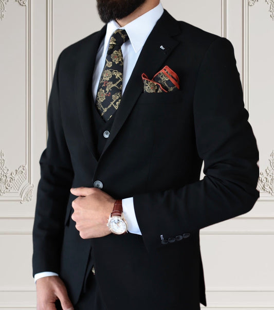 Men's Black Stretchy Single-Breasted Suit - Slim Fit, Cotton & Elastane Blend
