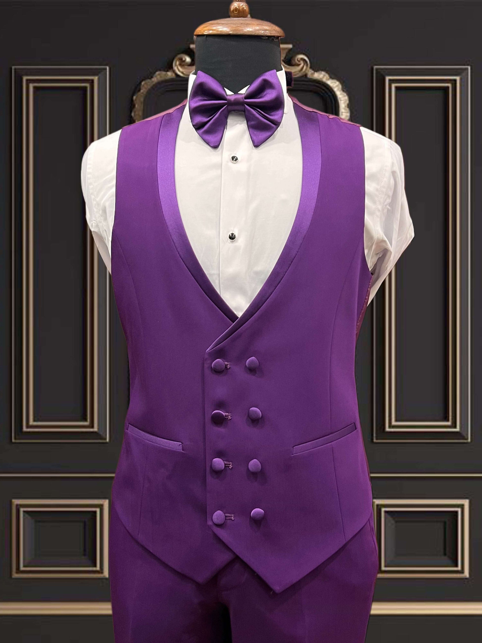 Men's purple tuxedo with shawl lapel and bow tie, perfect for weddings and special events.