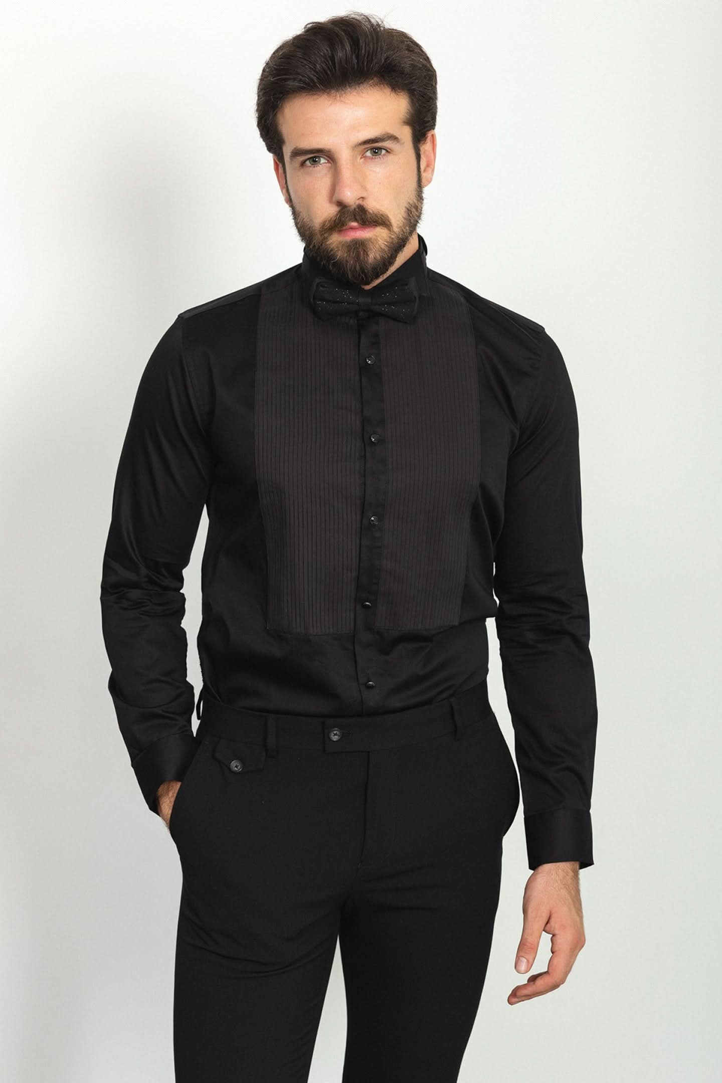 Men's Black Tuxedo Shirt – 100% Cotton Wing Collar | Elegance Factory